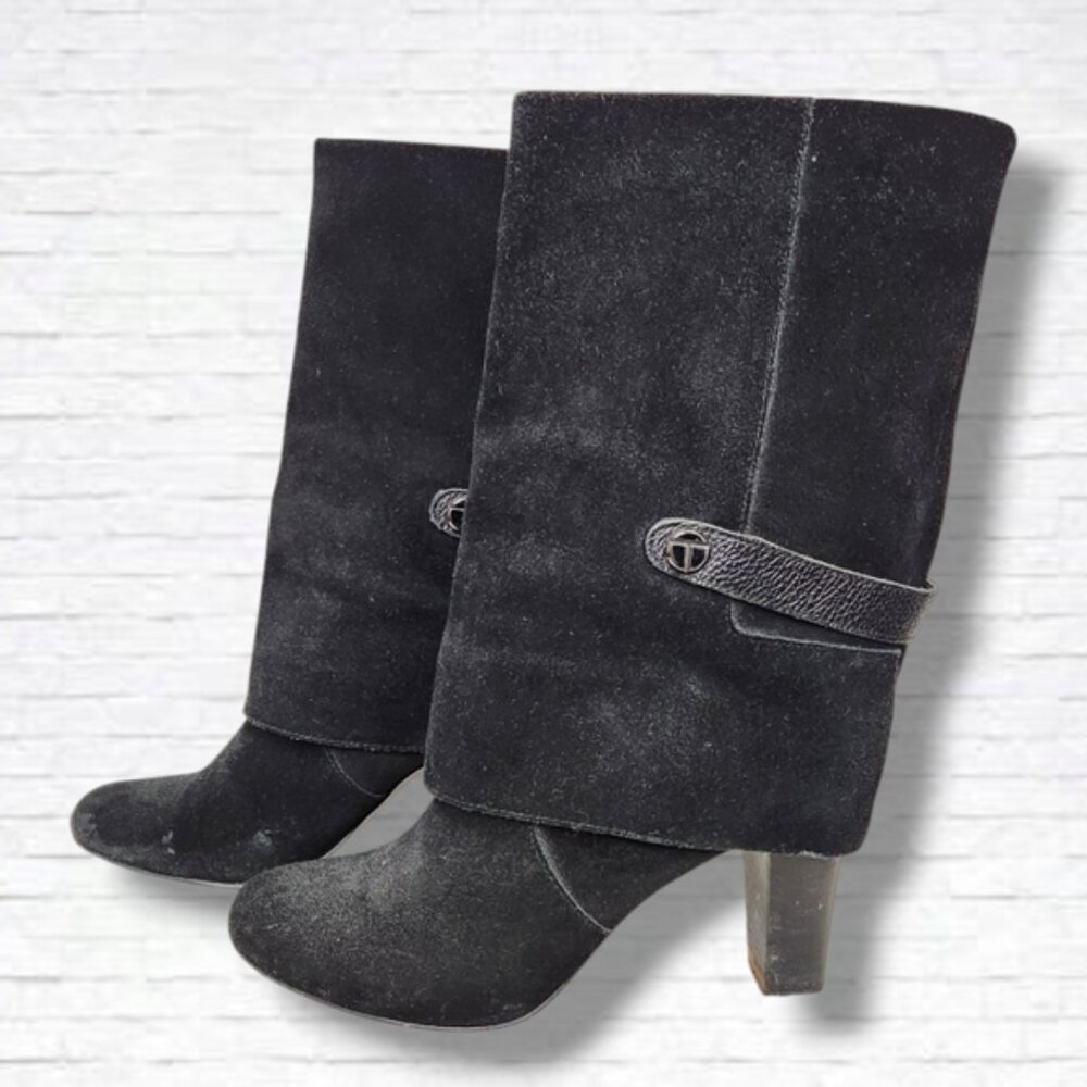 Tahari "Harper" Black Suede Leather Heeled Calf Height Boots Size 9